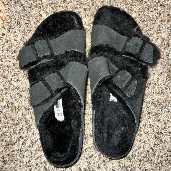 Black Fuzzy Sandals with Buckles - Picture 1 of 3